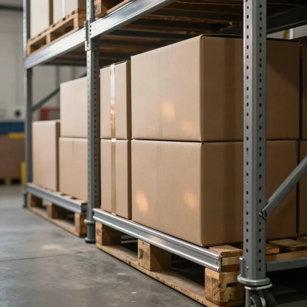 Warehouse shelf of sealed boxes and a brushed aluminum trolley, ready for scale.