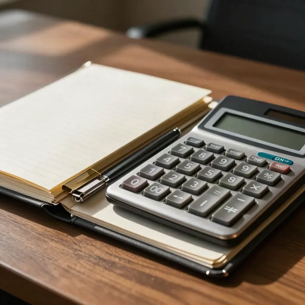 Macro of a calculator, tabbed dividers, binder clip, and notebook on walnut.