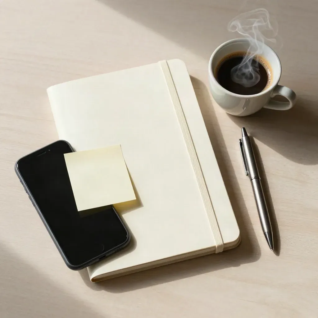 Top-down intro-call still life with phone, notebook, espresso cup and pen on pale wood.