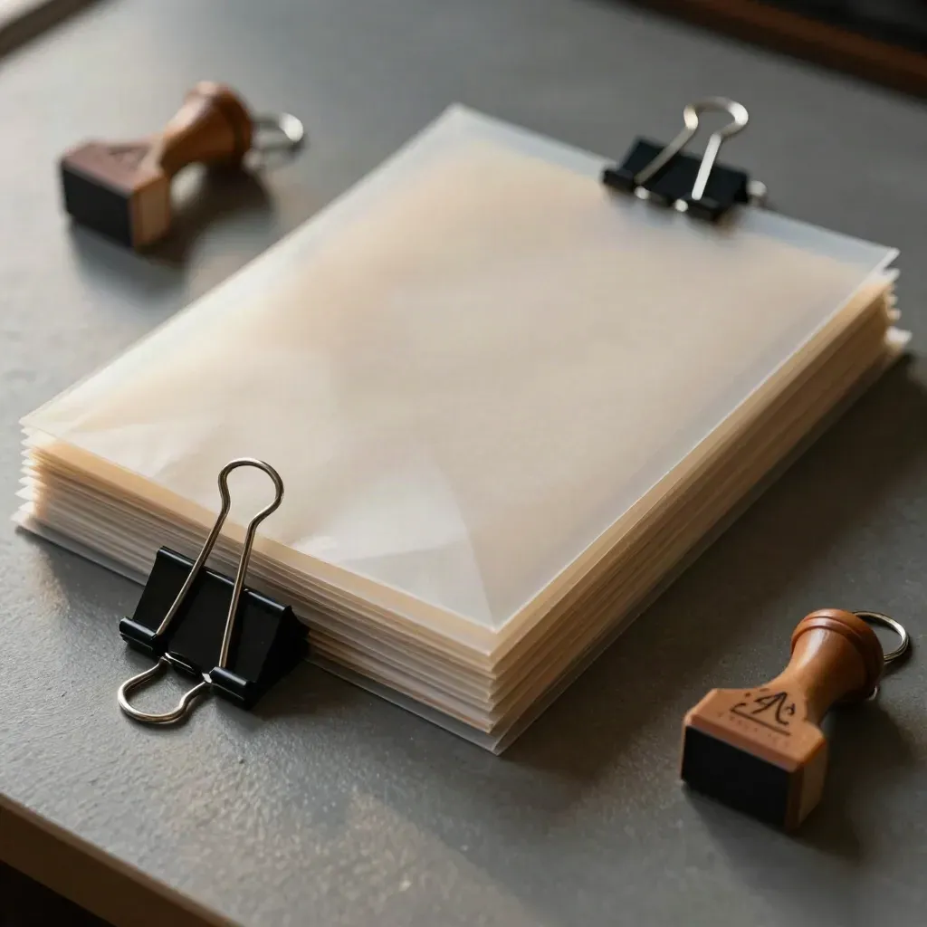 Overhead macro of archival sleeves, binder clips, and a seal block on a matte desk.