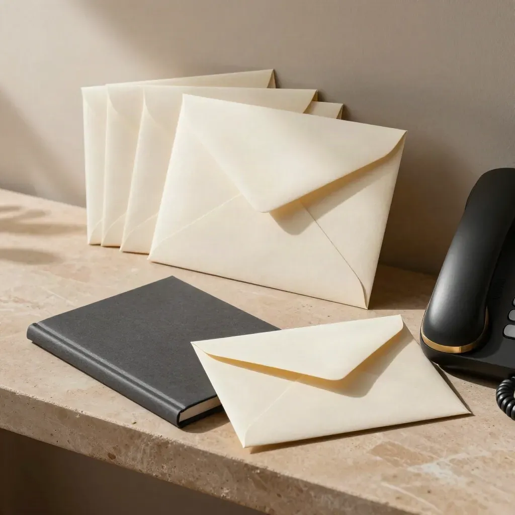 Sealed envelopes, closed address book, and desk phone handset on stone ledge