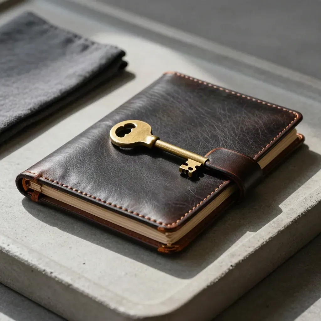 Leather folio, brass key and ribbon-tied folder on a concrete tray with soft light.