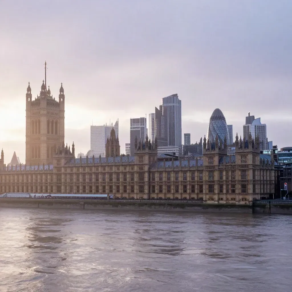 Misty London skyline over the Thames at blue hour, calm water below.