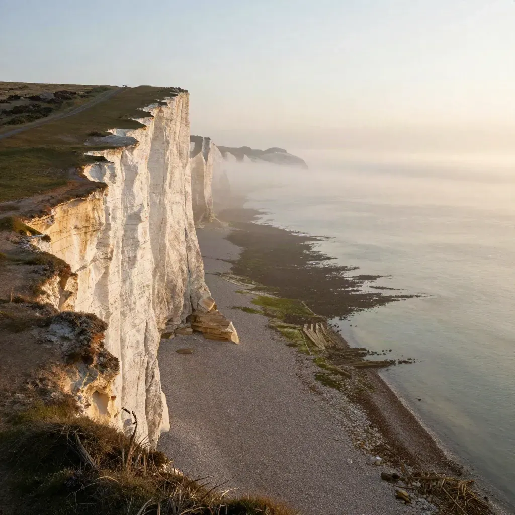 Chalk cliffs above a misty shingle shore at dawn, calm open foreground for copy.