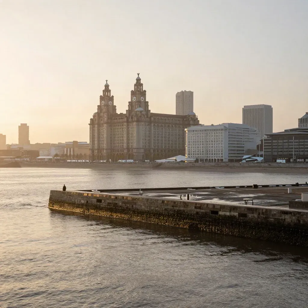 Liverpool waterfront at golden hour with the Three Graces in haze above calm Mersey water